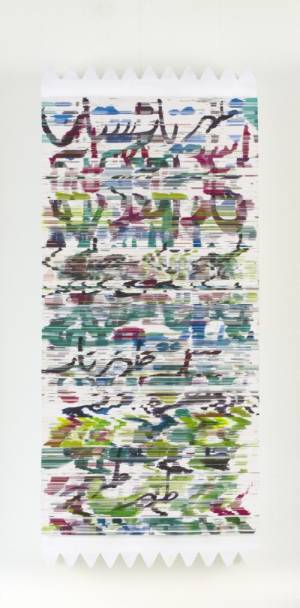 Hadieh Shafie. Sohrab 3, 2015. Ink, acrylic and paper with printed and handwritten Farsi text from the poem Dar Golestaneh (In the Garden), 25.5 x 11 x 3.5 in (64.8 x 27.9 x 8.9 cm). Courtesy of the artist and Leila Heller Gallery, New York.